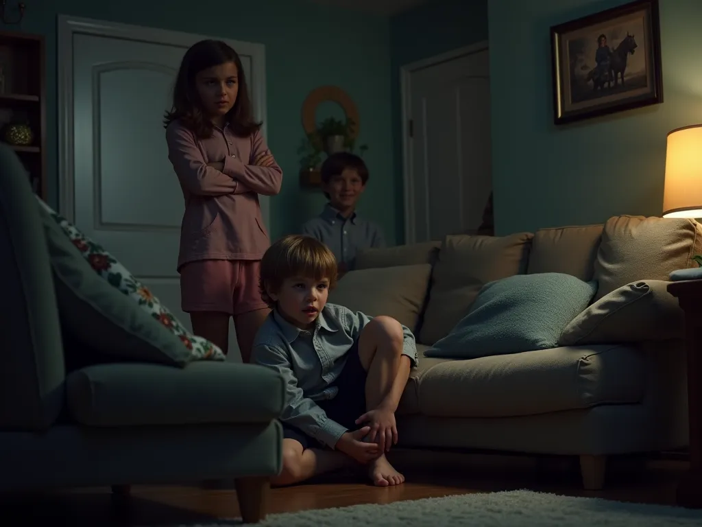 A living room with a couch, a young boy dramatically clutching his ankle while a  stands behind him, smiling unnaturally. The babysitter, a age girl, looks confused and scared. The lighting is dim, with shadows casting an ominous mood. Realistic and detail...