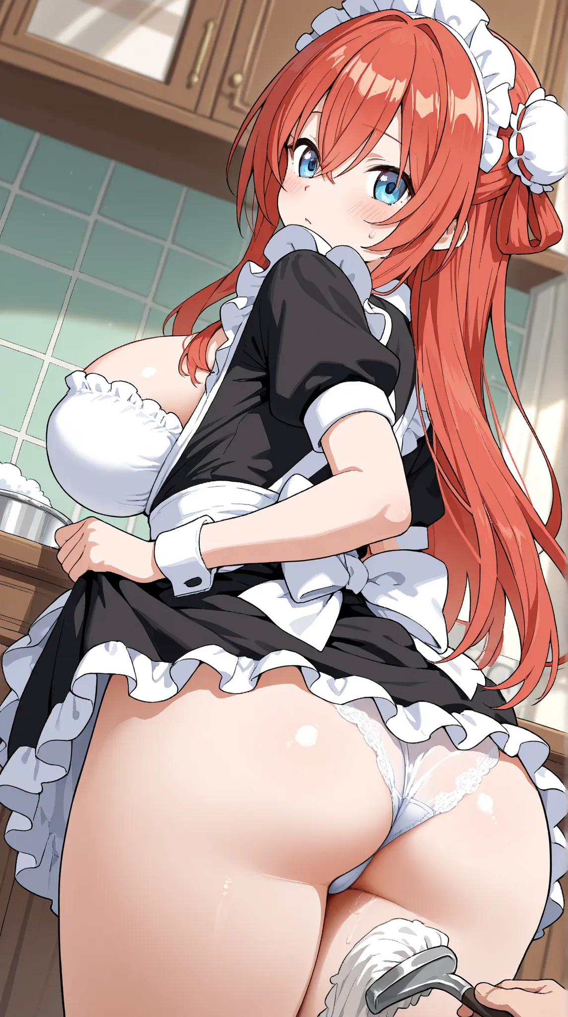 A maid with big breasts and a delicious ass is cleaning, accidentally exposing her charms a little.