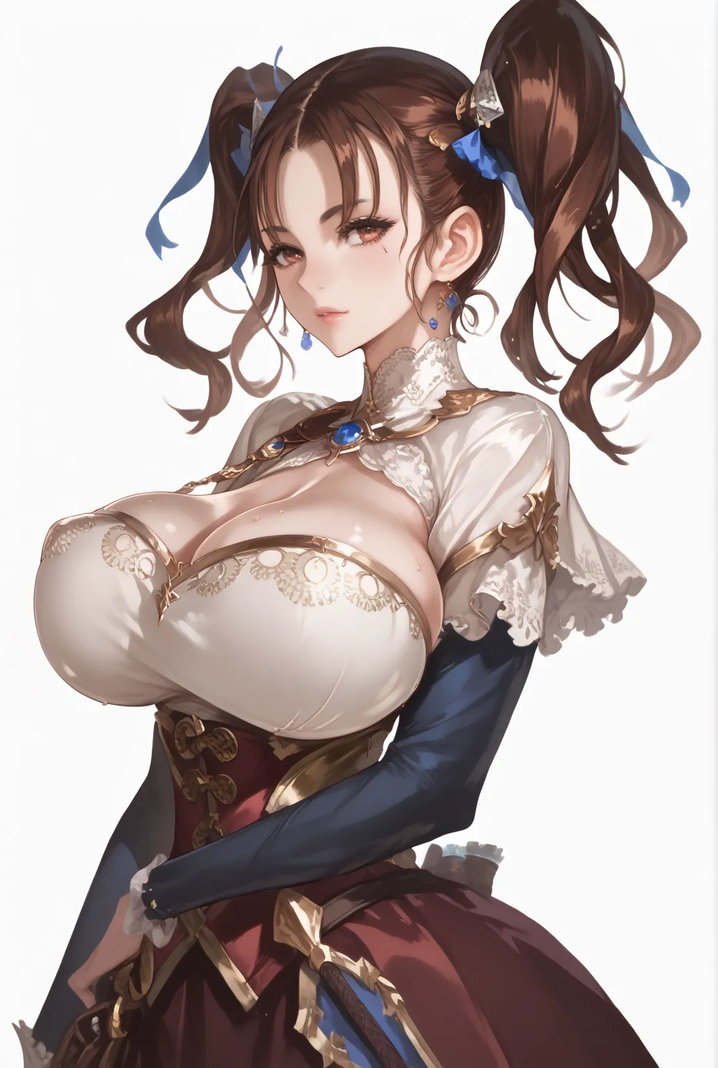 1girl, High Resolution, Simple background, Twintails, High Resolution, Anatomically Correct, Best Quality,  Large breasts, brunette hair, fantasy clothes, Cowboy Shot, 