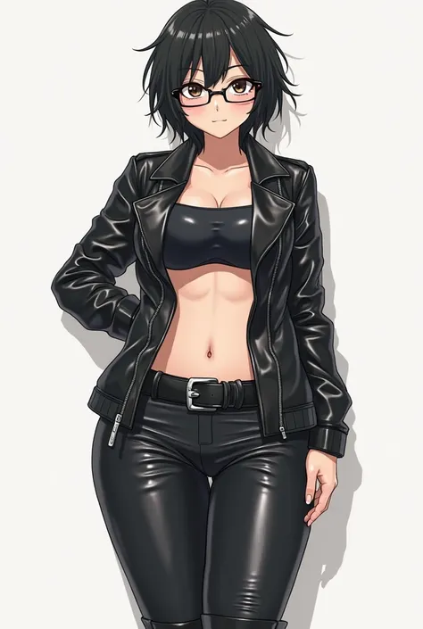  anime character, single character, leather pants, belt, tight high boots, androgynous, boots, posing for a picture, black shiny leather, bellybutton, tousled boyish hair, crotch, wearing glasses, little chubby, Anime character, plus-sized tomboy, black ha...