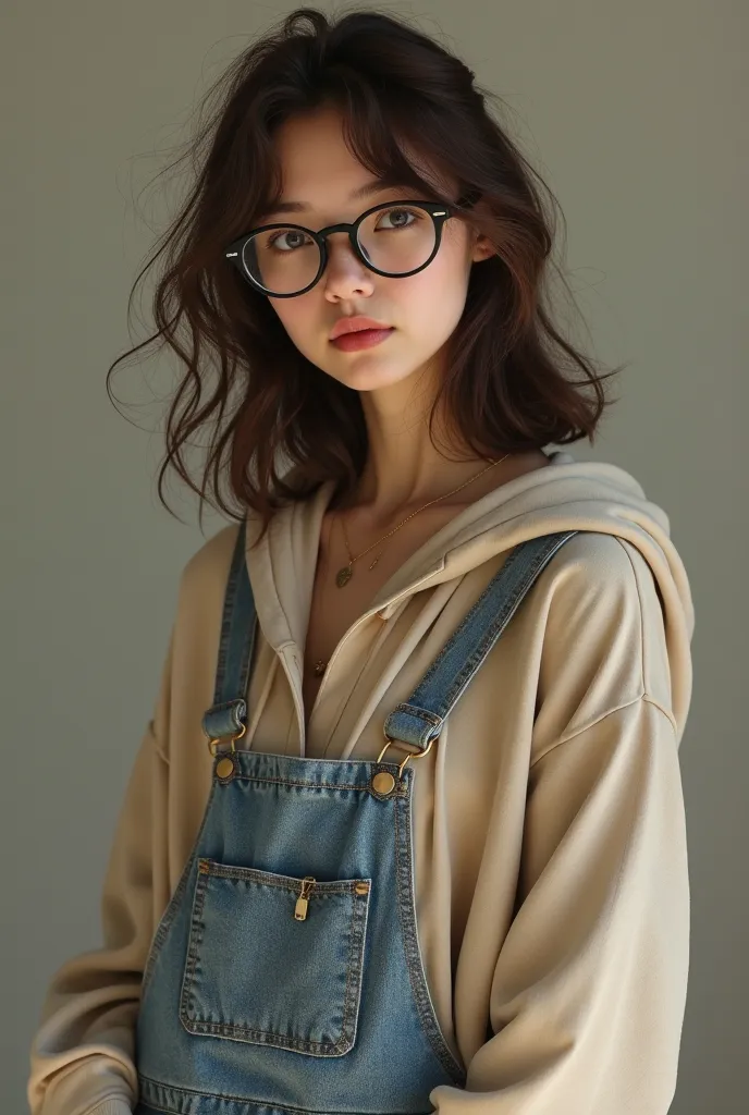 A model like girl...but dont know how to dress...always wear a large baggy cloth,and her hair is always untidy,but in a beautiful way...she wear a nerd glasses...her face is a natural beauty without make up...realistic style