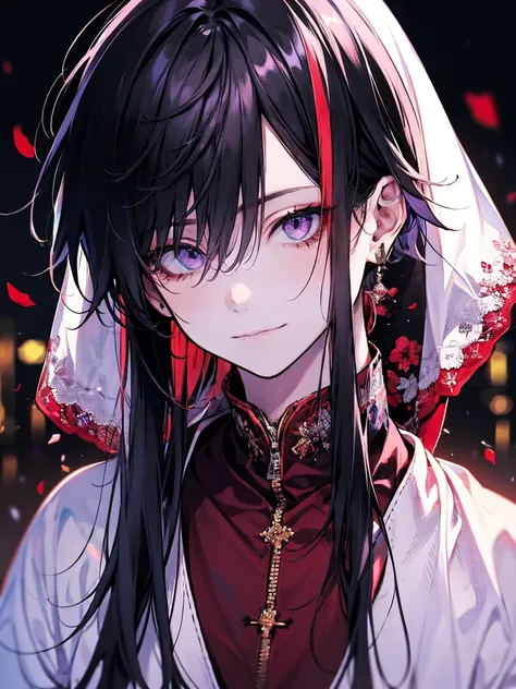 1boy ,  black hair, long hair,  white robe, solo, smiles, purple eyes, sticks out of the screen, blurred background,  red inner color hair, High Resolution, Ultra High Definition,