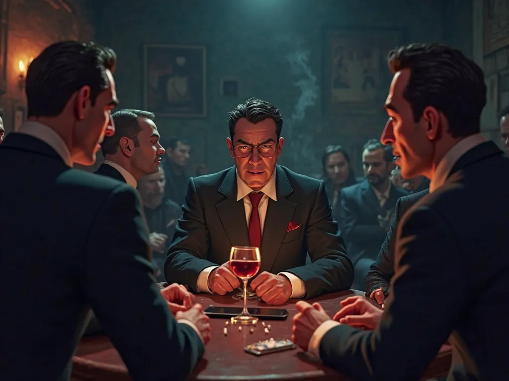 A dark, smoke -filled bar or underground meeting room, where some dangerous -looking gangsters are sitting. There is a fire of anger and revenge in his eyes. Glass of wine on the table, cigarette pieces and an open ,3D cartoon animation