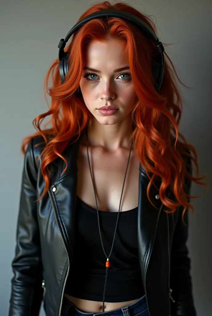 Beautiful redhead girl 25-30 years old with red wavy long hair in a black leather jacket, black top and jeans ,  portrait , in headphones 