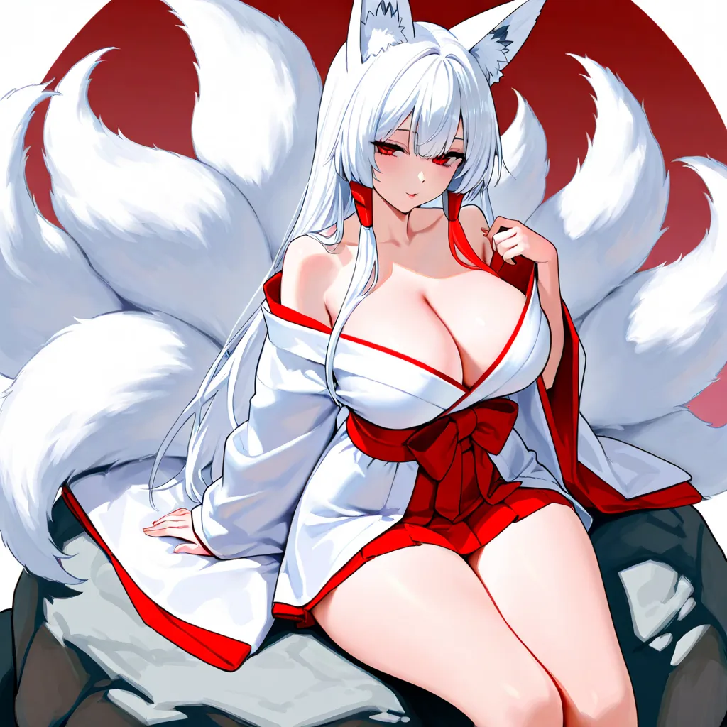 White-haired Kitsune girl, short with red locks,  white fox ears , white kimono with red details, short skirt and open neckline, small figure, large bust and wide hips, with red eyes and a seductive look,  sitting on a rock .