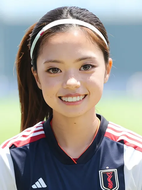 1Girl, solo、Soccer uniforms, ponytail、Thin headband ,smile ,from the front、((Looking at the camera))