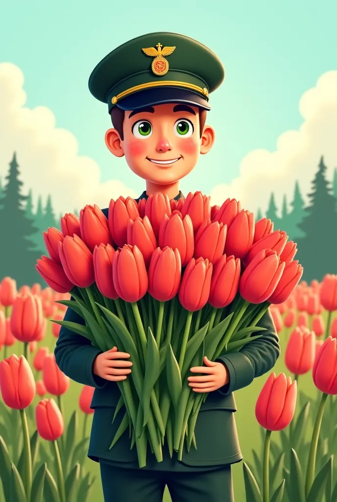 A guy in military uniform and a green border cap is standing with a huge bouquet of tulips, which he is holding in front of him, the guy has green eyes, in front of him is a clearing, where tulips are blooming, and behind the clearing there is a forest, yo...