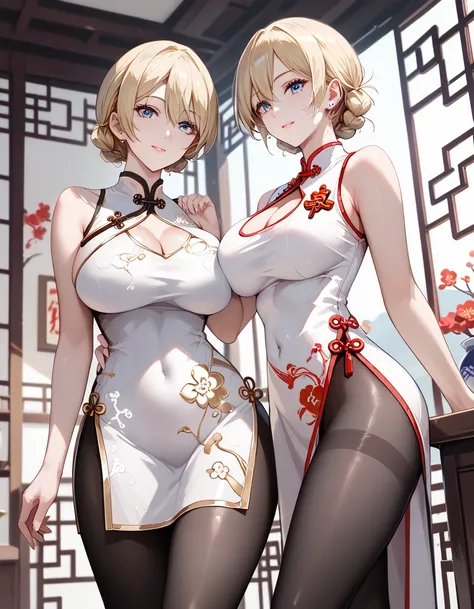   sexy women ,  Chinese Set  , (((( Big Breasts )))), (((  white china dress )))), (((( white Chinese clothes  )))), (((Gold decoration))), (( Perfect Hourglass Figure)), (((  bare chest ))),((( pantyhose))),((big breasts、Chest Valley,Big Breasts)),(indoor...