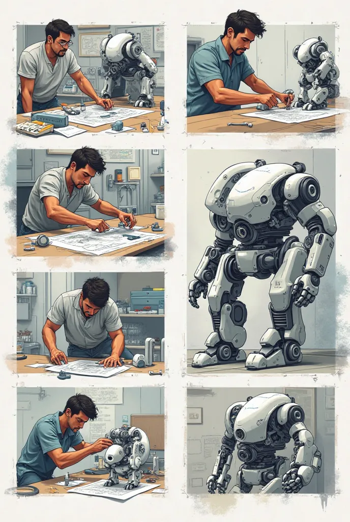 6 panel about a guy building a robot