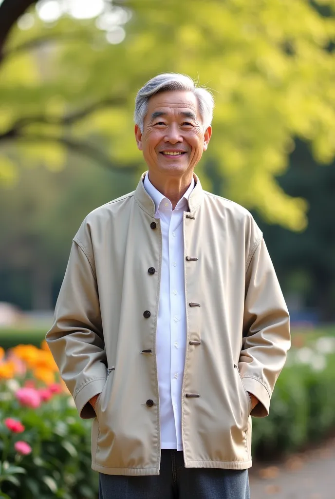 A hyper-realistic, half-body portrait of a 65-year-old Chinese man standing in a peaceful park during springtime. He has short, neatly combed silver hair, kind eyes, and a warm, gentle smile. He wears a light beige Tangzhuang jacket over a white shirt. His...