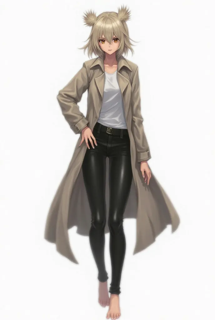 Serious white woman with ash blond hair, with two short tufts in front,  hazel brown eyes , mysterious and malicious expression, and a subtle smile on her lips.  musculosa, Tall height, long and toned legs, wearing a messy long sleeve and collar coat, deli...