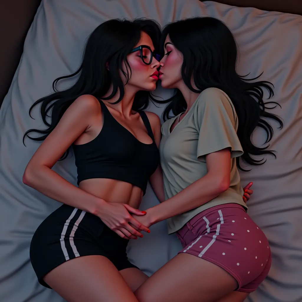 A 20 y/o skinny muscular white girl who wears a black cropped tank top, short black shorts which has white stripes, she also wears glasses and has black long hair. straddling, smooching, kissing, licking, and making out with a shorter woman wearing a loose...