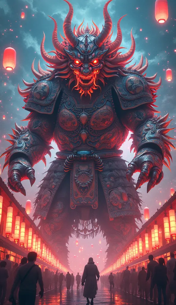 2️⃣ Japan – Matsuri Monster (Nebuta Festival) 🎎🌟
"Next, the Japanese monster appears, covered in a glowing armor made of handcrafted paper, with vivid illustrations of samurais and dragons. Its face is a cold, intimidating Noh demon mask, glowing from with...