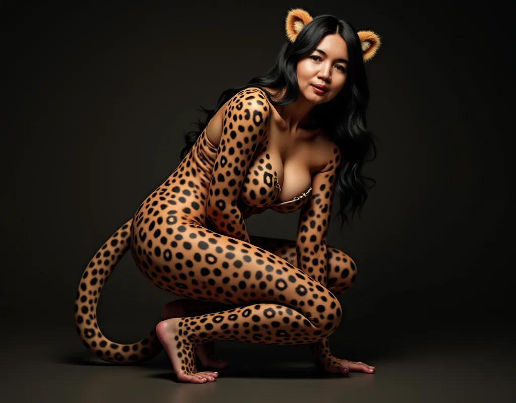 ((Masterpiece, High Quality, 8K, UHD, Hyper Realistic, Sharp Focus, Nudist)). Full body portrait of a sensual muscular Malay woman with realistic leopard fur all over her nude body, realistic leopard ears, realistic leopard whiskers on her face, Very beaut...