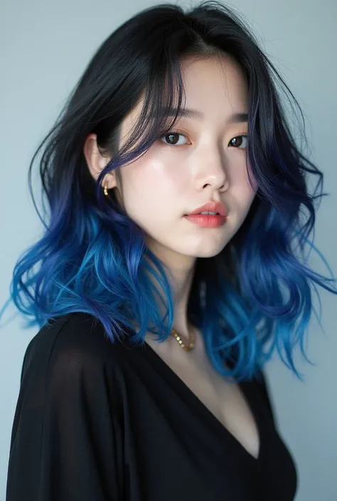 A realistic kpop girl in black and blue wavy Medium long hair wearing a  black top in plain background 