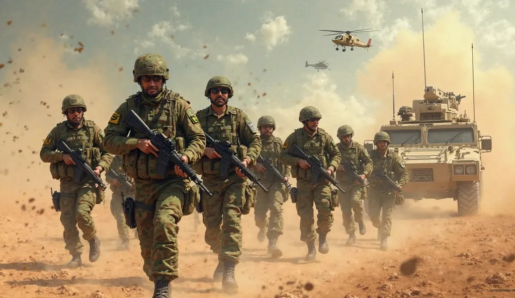 A highly detailed digital painting of Pakistan Army soldiers in full combat gear, moving through a desert battlefield. Soldiers are wearing green camouflage uniforms with Pakistan Army insignia, carrying rifles and tactical equipment. Military tanks and ar...