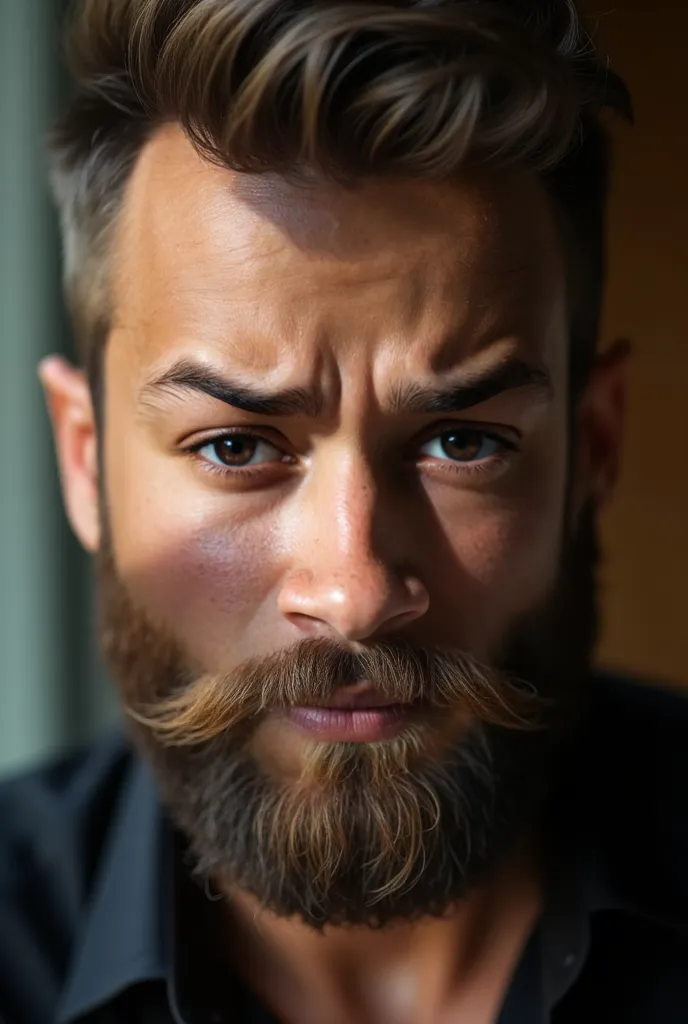 A hyper-realistic close-up portrait of a man with a strong, defined jawline, a full and well-groomed thick beard, and a perfectly shaped hairline. His eyes are an enchanting blend of green and blue, reflecting light for a striking effect. His skin is smoot...