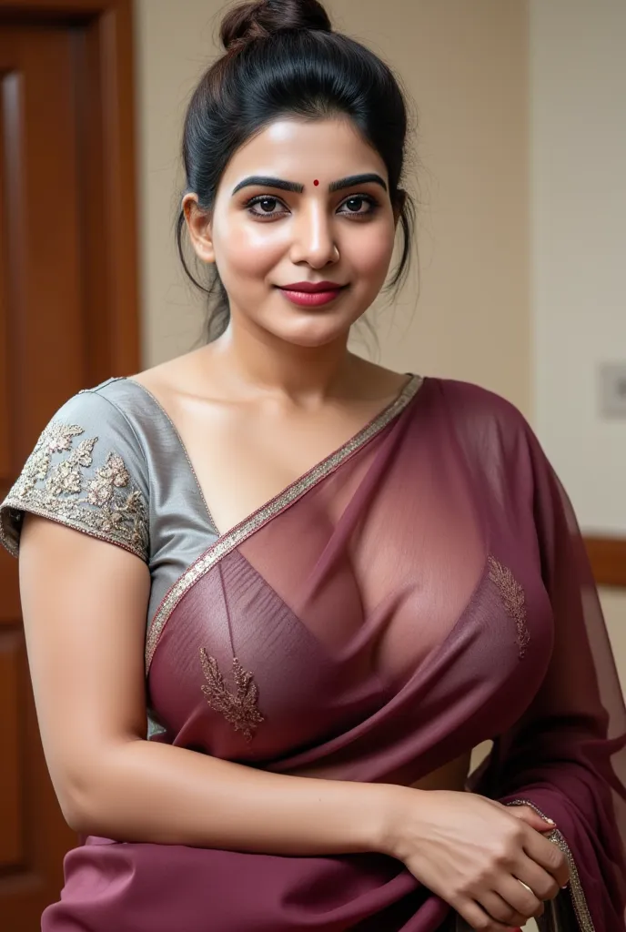 A full size photo of a hot healthy 50 year old south indian dark brown skin curvy milf with hair bun, dark brown lipstick, red bindi on forehead, narrow shoulder, broad hip, big ass, thick thighs, woman wearing transparent saree and silver embroidered colo...