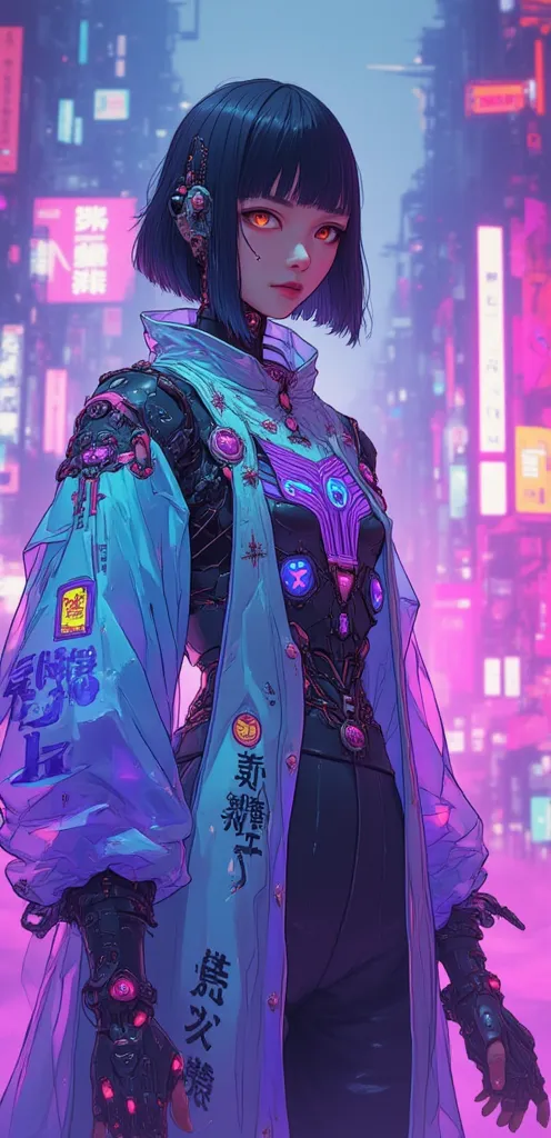 Young Chinese character, fly away, 20 and a few years, Short black hair, brown eyes, wearing futuristic clothes in shades inspired by the kimono in shades of blue, purple, rosa,  Black and white, in a futuristic setting with modern architecture, neon light...