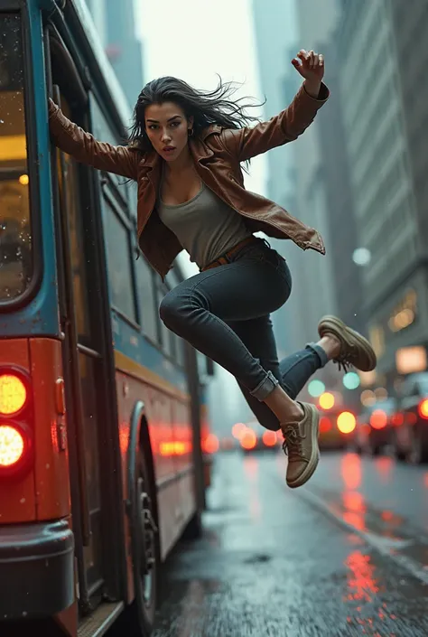 She jumped off the bus just in time