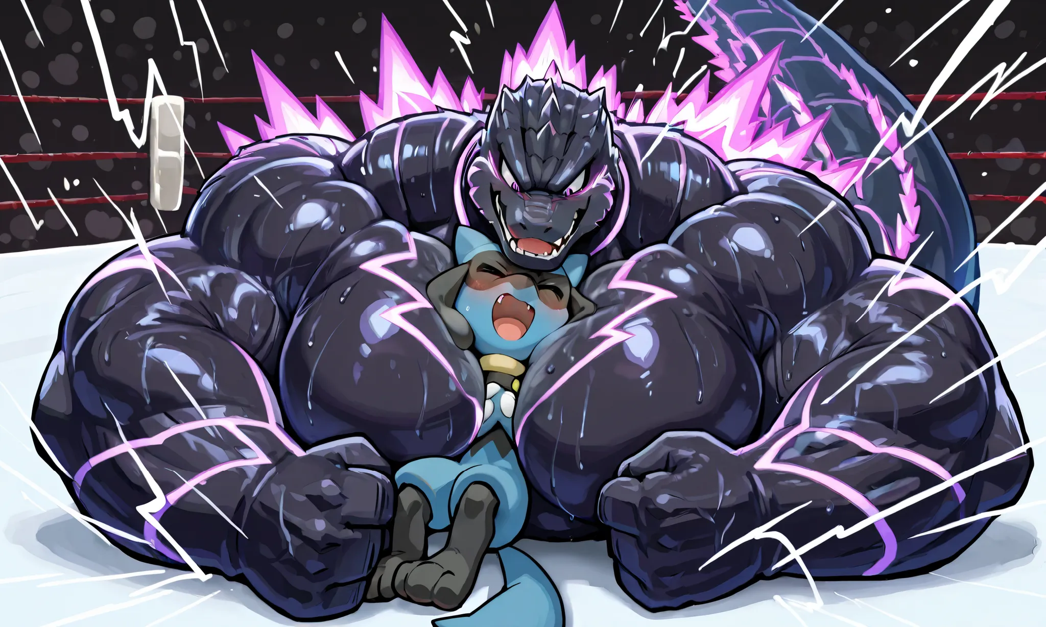 giant godzilla wrestler, small feral riolu, wresling, submission hold, [godzilla:lying on back, head lock, crossing arms, hugging, arms around neck, heavy weight bulky fat, giant plump muscular body, thick arms, big pectoral muscles, venis popping, evil gr...