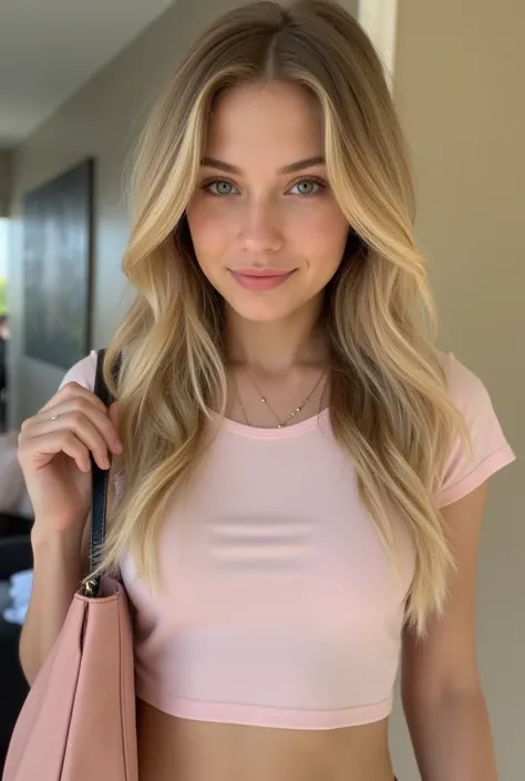 Belle fille parfaite, elle a 18 ans, elle a un sac a dos scolaire. Elle est en crop top. Elle est parfaite, super belle, elle est blonde. Elle a du maquillage, ce qui la rend encore plus belle cheveux lisses