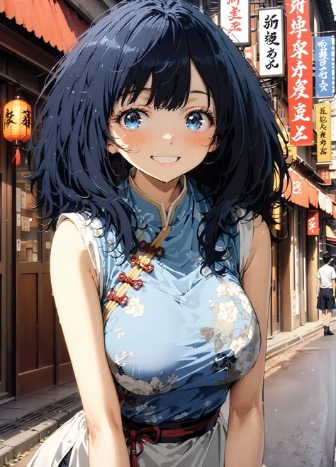 score_9, score_8_up, score_7_up,  source_anime, Anayanami ,  medium hair, blue eyes, stupid hair,  Lantern, medium chest, skirt,  shirt, Big Breasts,Blue sleeveless Chinese clothes,Long slit,pin heels,standing,Put your hands on your lower back,smile,blush,...