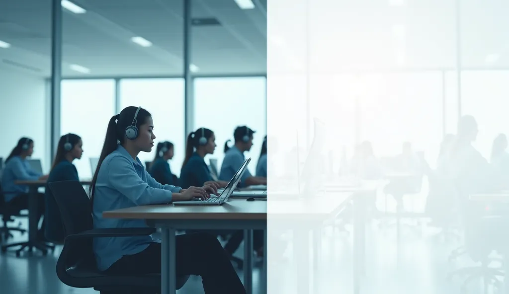 2 parts left and right, on the left are the call center workers wearing headphones who are consulting, faceless nucleus image; on the right is the blank background