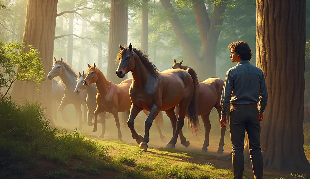 give me a picture of the horse running with the herd and behind it is a 25 year old man standing looking at the horses in a forest where the light from the sun is shining