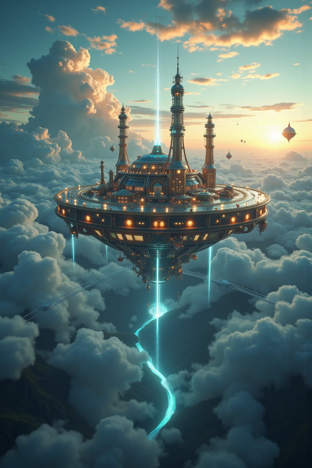 An ethereal dawn panorama of an airborne citadel complex hovering above continental cloud reefs, (modular brass districts connected by pressurized glass umbilical bridges, rotating anti-gravity engines spewing fractal-shaped steam plumes). Key elements inc...