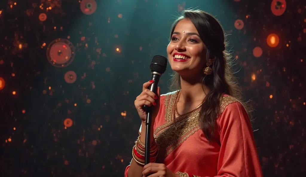 Seorang penyanyi wanita India dengan pakaian khas tahun 90-an, such as saree or classic lehenga in soft colors, is holding the microphone and smiling. Dark toned background with vintage stage light effect, creates a nostalgic atmosphere .  Around her , the...