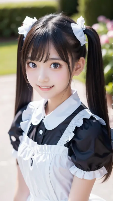 twin tails,Maid Costume,young beautiful girl,super slender body,Correct human body,detailed eyes,detailed face,beautiful face,cute face,beautiful skin,Eyes of the same size left and right,droopy eyes,embarrassed smile,highest resolution,highest quality,mas...