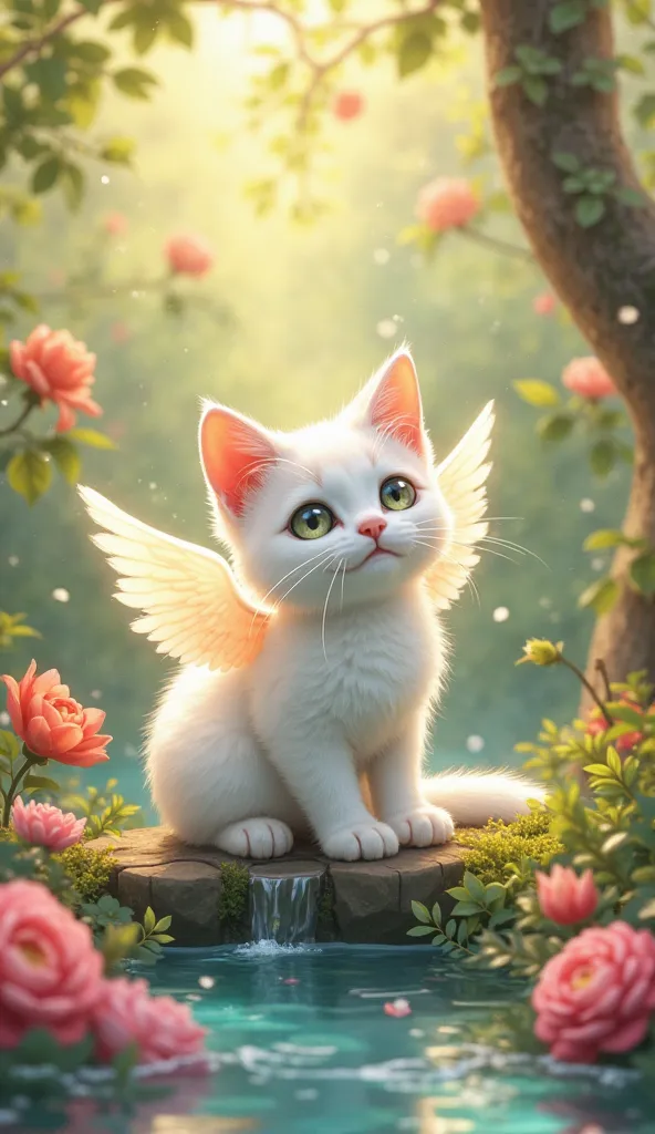 "Create a whimsical and enchanting illustration of a beautiful white cat with small wings, resting or playing in paradise. Depict the cat with a serene and graceful expression, its wings glowing softly as it sits or moves amidst lush gardens, vibrant flowe...