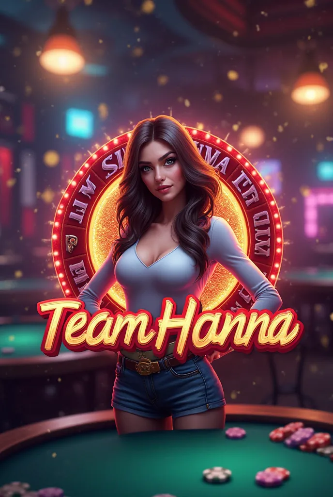 CREATE 3D LOGO WITH CASINO BACKGROUND AND SPARKLING CHIPS AROUND AND  COOL  GIRL AT THE CENTER AND PUT NAME "TEAM HANNA"