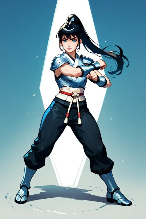 femboy with long hair with bangs up to the eyes black hair hair with ponytail pale skin very white blue eyes sad small eyes asian in fighting pose with closed fists in full body samurai armor black pants very detailed