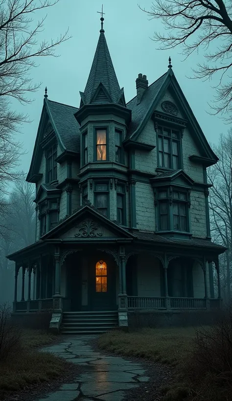 An old, crumbling Victorian mansion with windows that seem to glow faintly in the darkness