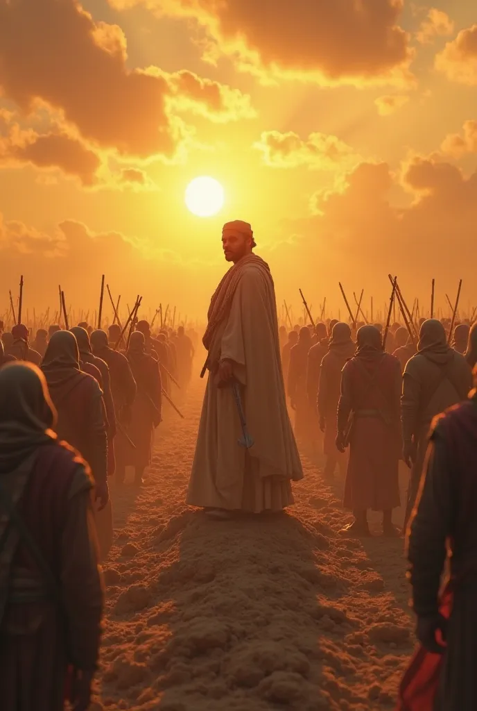 The Aftermath of the Battle
The battlefield after the war, with Imam Ali standing tall, victorious. His soldiers stand behind him, unharmed, while only nine enemy survivors remain. The setting sun casts a golden glow over the scene, symbolizing divine just...