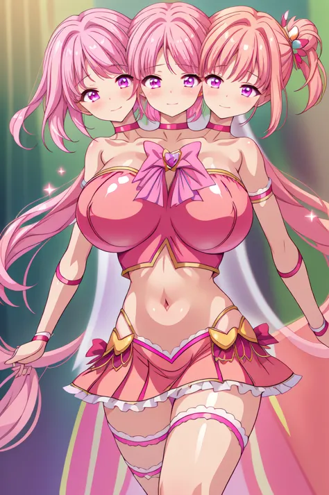 best quality, (masterpiece),(ultra-detailed), (high quality), (high resolution), (3heads:1.5), 3 heads, three headed girl, 1girl, (hot pink hair), purple eyes, hair ornaments, revealing pink armor chest piece, huge breasts, same hair color, young adult gir...