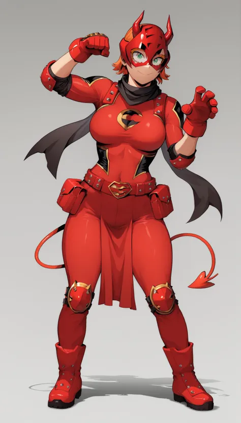 ((My Hero Academia Style)), (High quality), masterpiece, best quality, 1girl, solo, helmet, (Black and Red devil mask with horns), (mask with orange eyewear), (orange eyewear), (orange hair), (Short hair), (daredevil suit), (devil's black tail), futuristic...