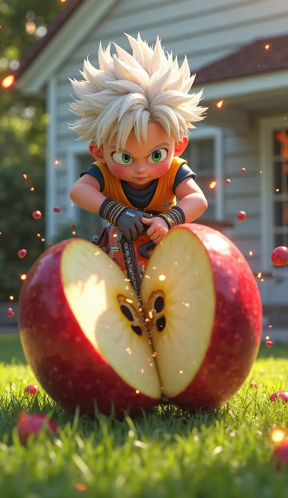 "A young Gohan with white hair, wearing a battle suit, is holding a chainsaw and cutting a giant apple in half. The apple is massive, with pieces flying in all directions. Sparks are coming from the chainsaw. The scene is set in a backyard with a modern ho...