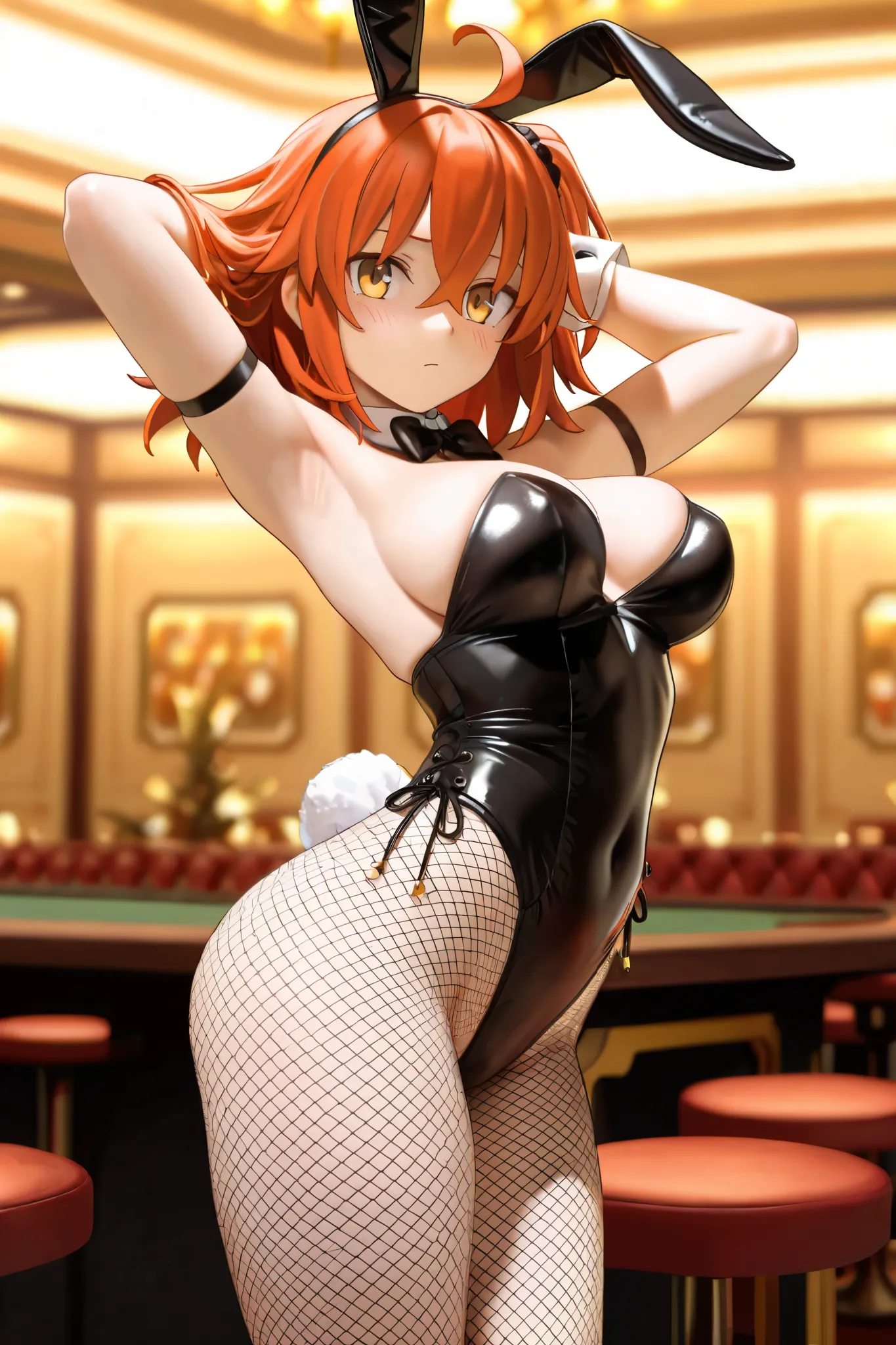 NSFW,masterpiece,highest quality,High Resolution,very detailed,Ritsuka Fujimaru\(Fate/Grand Order),orange hair,Playboy Bunny,fishnet tights,casino