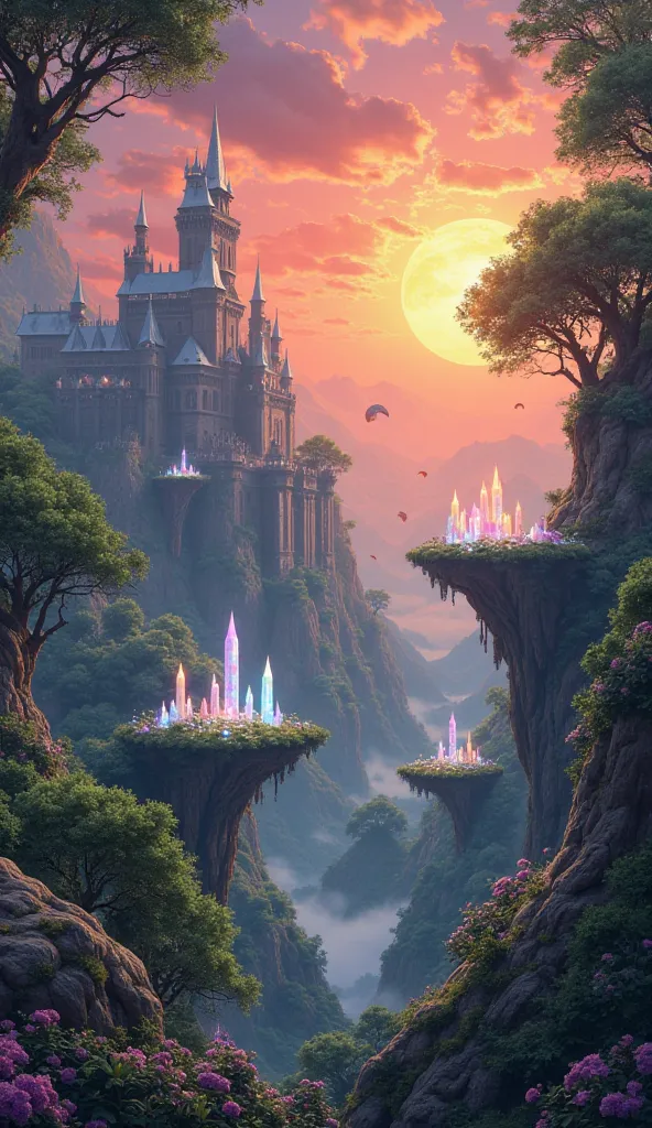  epic sunset over a magical forest with floating islands, giant glowing crystals and an ancient castle in the background. Style: digital painting, detailed textures, atmospheric perspective
