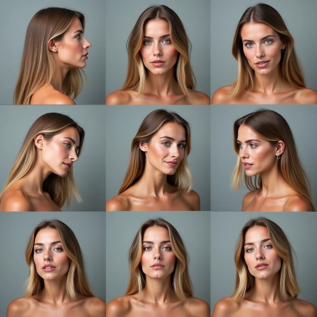 This photograph is a composite of nine photographs in 1:1 aspect ratio arranged in a 3×3 grid, featuring the same European woman in various angles and expressions against a plain, muted gray background.

The woman appears to be in her mid-20s, with fair sk...