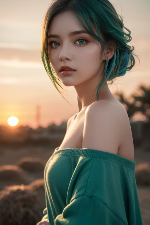  best quality , Masterpiece,  super high resolution, ( realism: 1.4),   Original Pictures ,  1 girl,  green eyes,  off shoulder,  Cinematic Lighting,   blue hair , At sunset