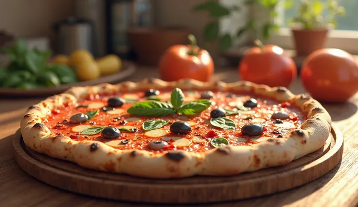 image style「3D Rendering」，Game CG，Pizza close-up，Pizza on the table {x} A wooden plate holds the pizza，The pizza is sprinkled with some olives and basil leaves，There is some fruit next to，The whole environment is warm，Warm sunlight shines on the table and ...