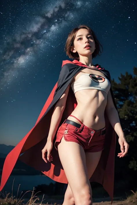 hilda, Red bra, short hair, yellow cape, slim body t-shirt,  small bust, pretty legs,  from the front, walking, looking up at the sky, cielo nocturno, milky way