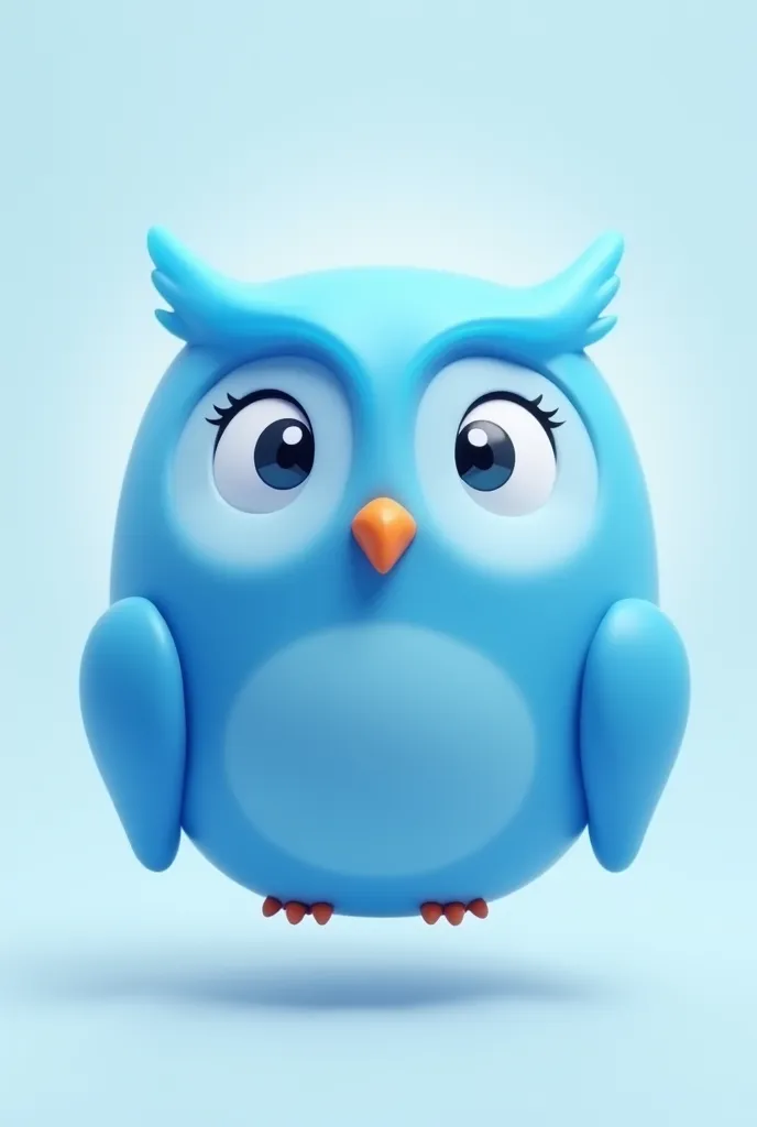 "A cute, round, blue owl with a bubble-like, smooth, and glossy appearance. The owl has a slightly surprised or puzzled expression, with small, slightly raised eyebrows and large, round eyes with a white gradient. Its beak is tiny and orange, positioned ce...