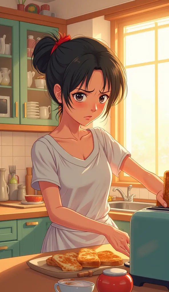 Japanese anime style、Housewife in her 30s who work together、Burn bread with a toaster during a hectic time at home in the morning、