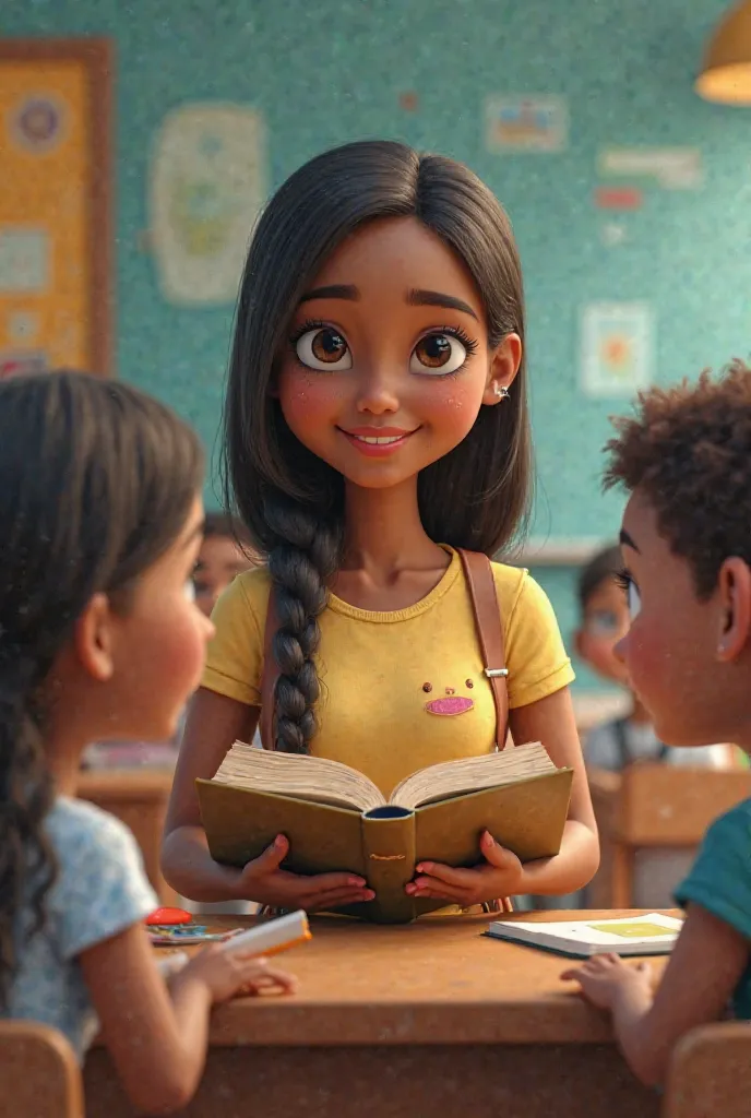 35 untitled images inspired by Disney Pixar、education teacher holding a book in the classroom,  Model with straight hair,  brown skin ,  dark eyes, small nose,  small eyes.