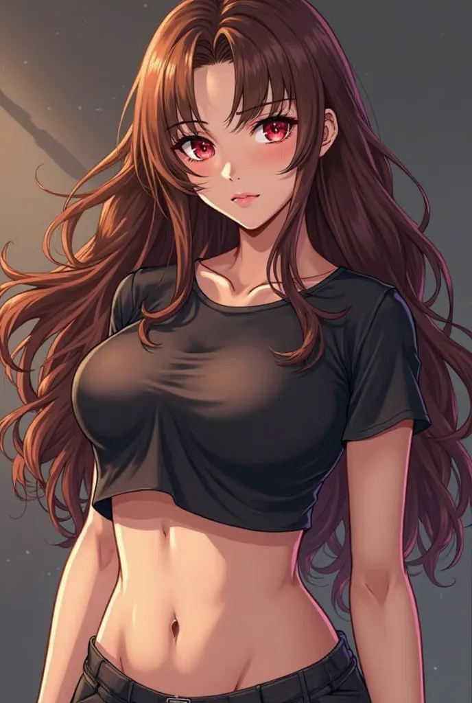 Generated me an ultra beautiful and ultra sexy 25-year-old manga with wavy and long brown hair, The iris of the red eyes with a black T-shirt where you can see the belly with big breasts like a soccer ball 